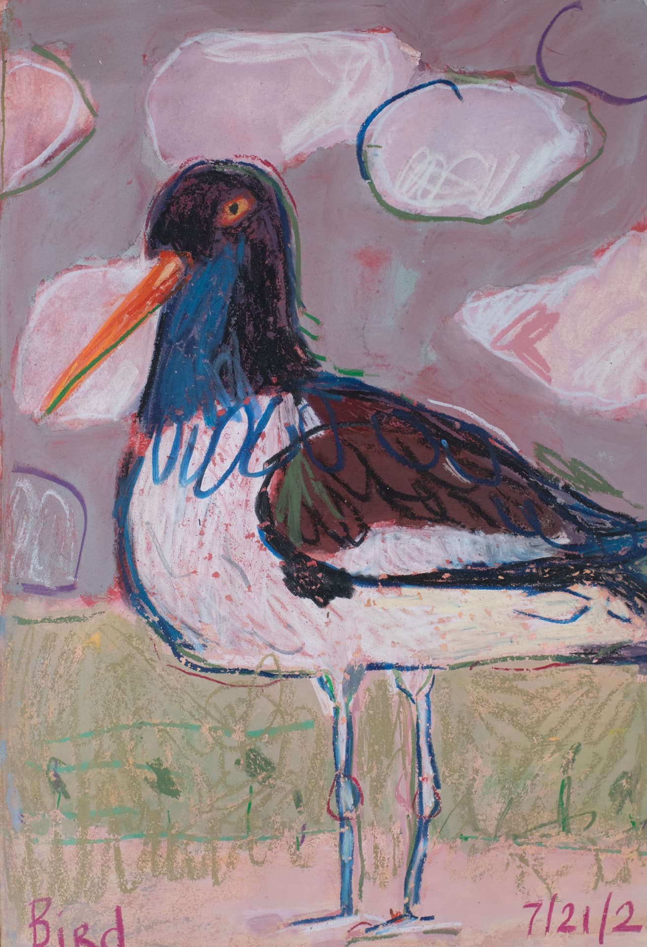 Oil pastel bird painting with layered color and expressive marks.