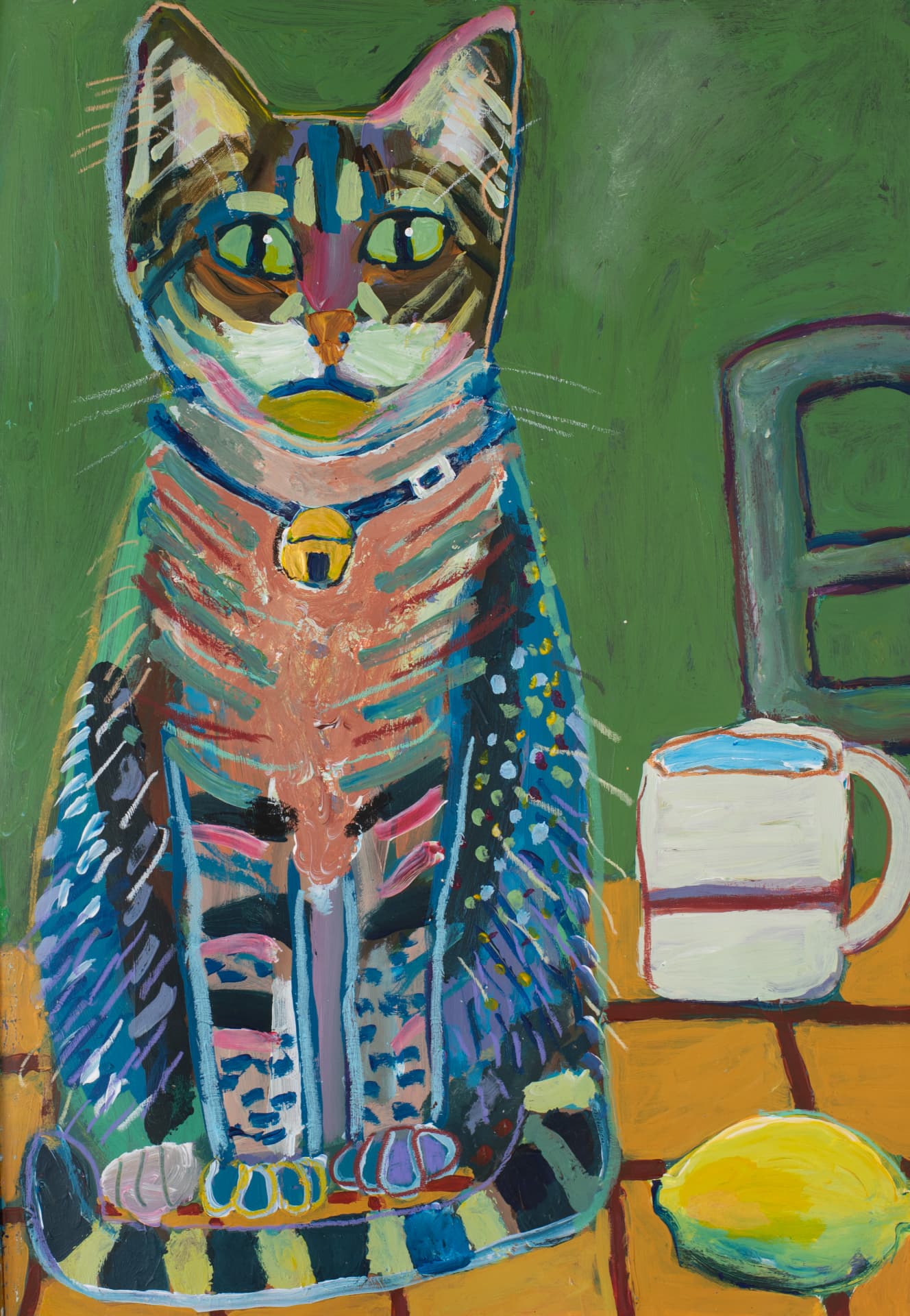 Striped acrylic cat seated against a deep green background.