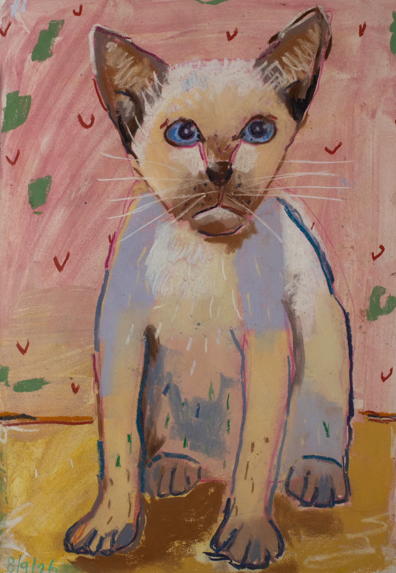 Soft pastel portrait of a cat in gentle blended colors.